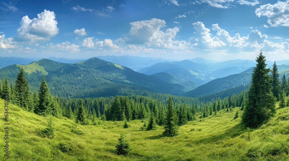Fototapeta premium Lush green mountain meadow under a vibrant blue sky.