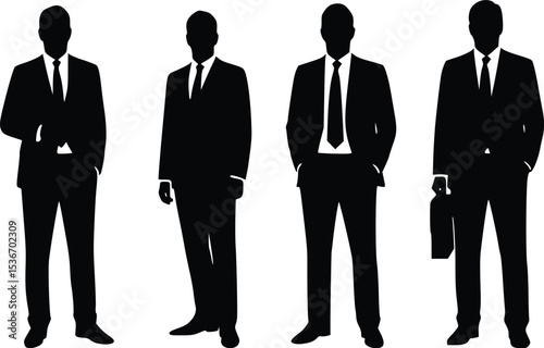 Silhouette of four business professionals standing in a row in formal corporate attire

