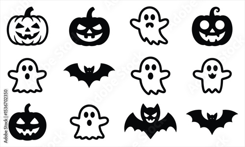 Halloween icons set pumpkins ghosts bats black and white