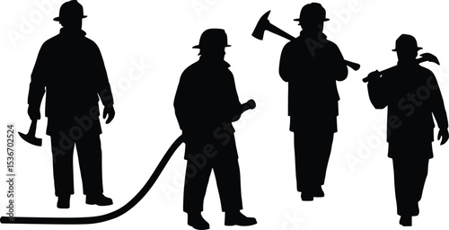 Silhouette illustration of firefighting team working together with tools in emergency response