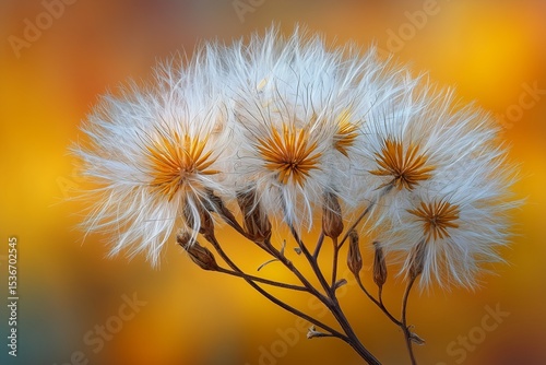 Fluffy seed cluster of a chicory plant drifting away on a golden yellow background