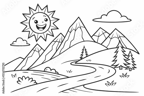 kids coloring page of a mountain range with a big smiling sun rising between the peaks, a simple river below and a few pine trees, bold simple outlines, no complex details
