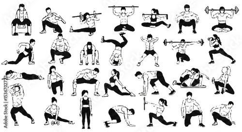 Diverse individuals performing various exercises, demonstrating fitness and workout routines.