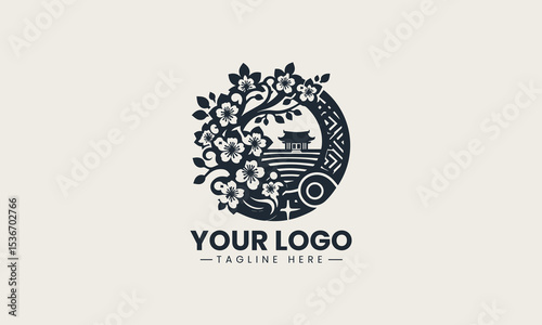 People enjoying hanami picnic under blooming cherry blossom trees in spring vector logo illustration design