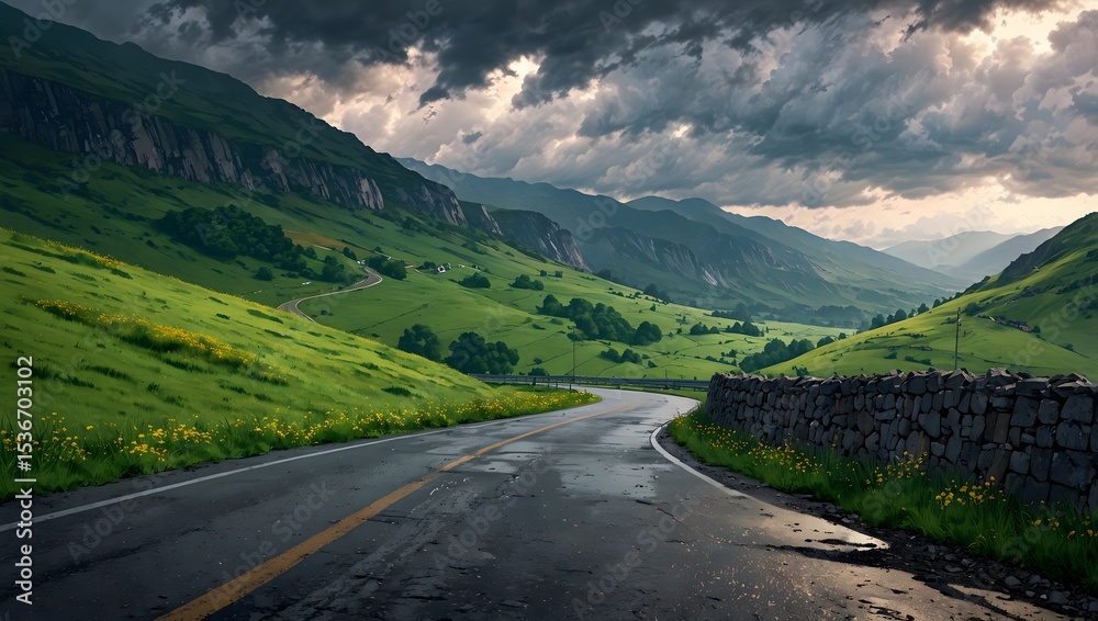 Fototapeta premium Dramatic Mountain Road: Winding Path Through Green Valleys Under Stormy Skies