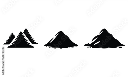 Black silhouette icons of trees and mountains