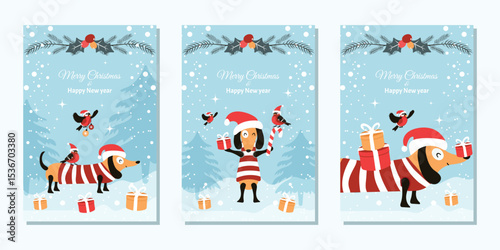 A set of winter greeting cards. Fashionable minimalistic design with a funny dachshund in a Santa Claus hat and with gifts. Vector template for a poster, banner, or holiday cover.