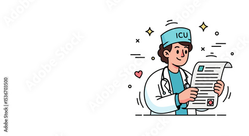Vector Character of ICU doctor reviewing patient chart – Medical Hero Nurse Doctor Vaccination Illustration, Flat Style Medical Worker Administering Vaccine Scene