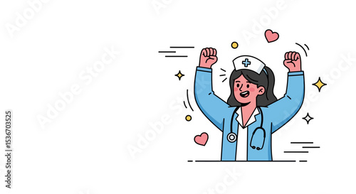 Vector Character of Nurse celebrating after long shift – Medical Hero Nurse Doctor Vaccination Illustration, 
Flat Style Medical Worker Administering Vaccine Scene