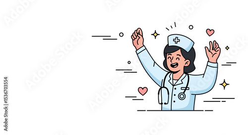 Vector Character of Nurse celebrating after long shift – Medical Hero Nurse Doctor Vaccination Illustration, 
Flat Style Medical Worker Administering Vaccine Scene