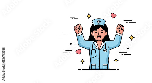 Vector Character of Nurse celebrating after long shift – Medical Hero Nurse Doctor Vaccination Illustration, 
Flat Style Medical Worker Administering Vaccine Scene
