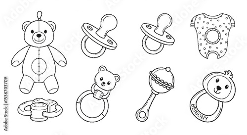 Black and white line art illustration featuring baby items: teddy bear, pacifiers, rattle, onesie, and teething ring.