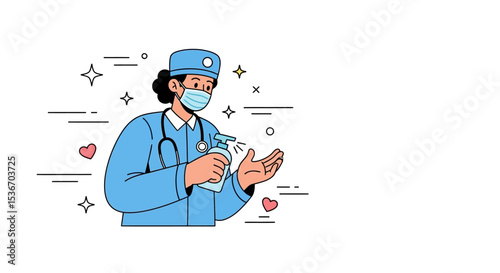 Vector Character of Healthcare worker sanitizing hands – Medical Hero Nurse Doctor Vaccination Illustration, Flat Style Medical Worker Administering Vaccine Scene