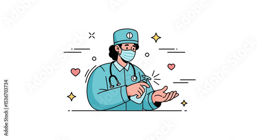 Vector Character of Healthcare worker sanitizing hands – Medical Hero Nurse Doctor Vaccination Illustration, Flat Style Medical Worker Administering Vaccine Scene