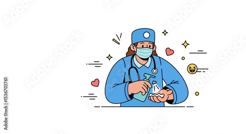 Vector Character of Healthcare worker sanitizing hands – Medical Hero Nurse Doctor Vaccination Illustration, Flat Style Medical Worker Administering Vaccine Scene