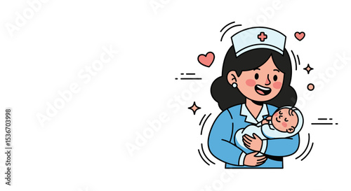 Vector Character of Smiling midwife holding newborn baby – Medical Hero Nurse Doctor Vaccination Illustration, 
Flat Style Medical Worker Administering Vaccine Scene