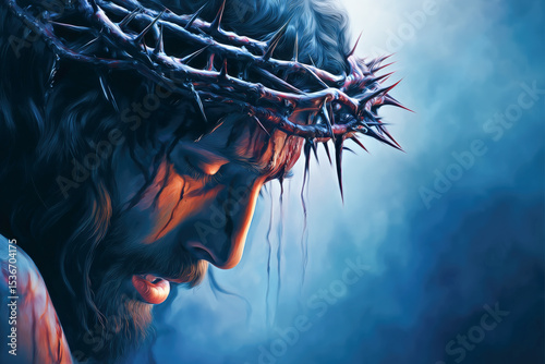 Jesus Christ passion crucifixion crown of thorns painting classical chiaroscuro lighting, salvation from sin