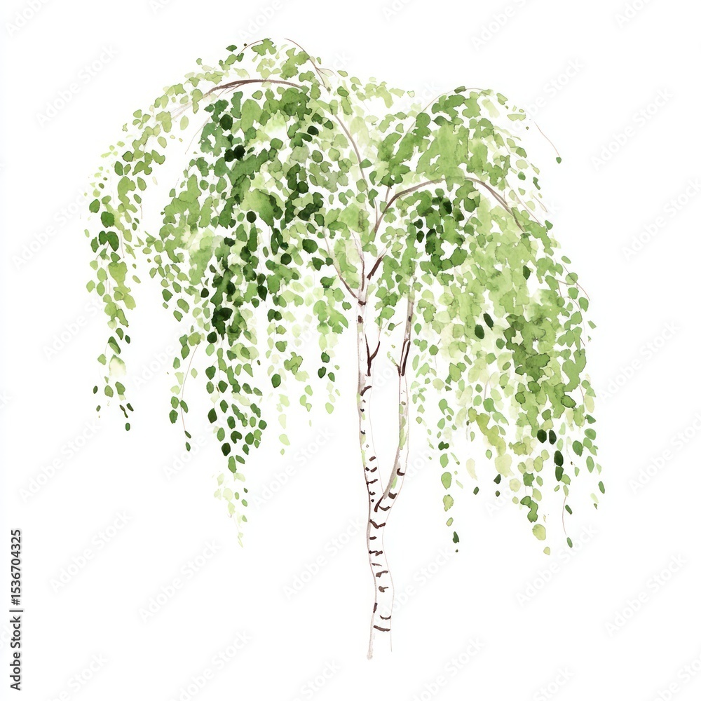 Fototapeta premium Green weeping birch tree illustration watercolor art.