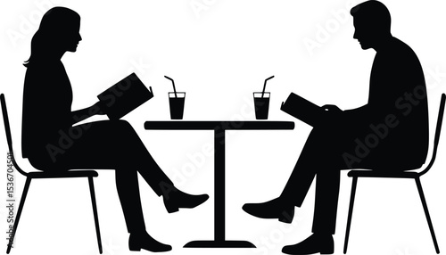 Silhouette illustration of two individuals at a table with drinks, engaged in casual study or discussion