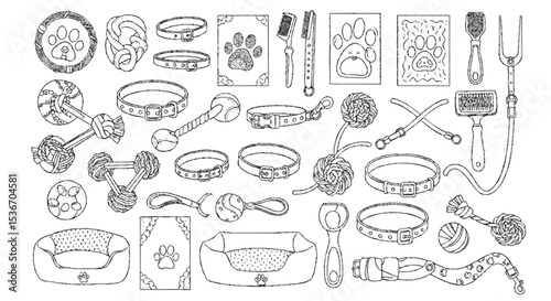 Collection of various dog accessories and supplies, including collars, toys, beds, and grooming tools, in a hand-drawn style.