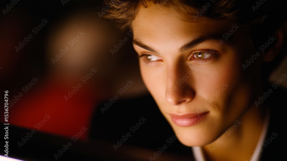 Fototapeta premium A young man gazes thoughtfully into the distance. His sharp features and intense expression convey curiosity and determination. This portrait is ideal for personal or professional projects. AI