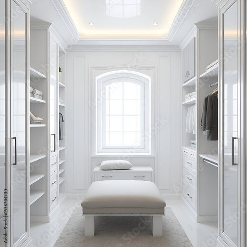 White luxury walk in closet interior with light frome the window.3d rendering