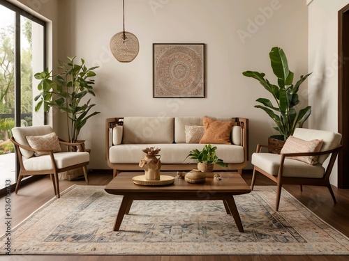 Elegant Living Room with Natural Decor and Green Plants