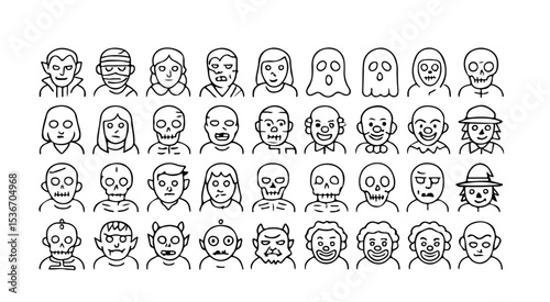 An array of cartoon halloween characters including ghosts vampires and monsters in black and white outline style