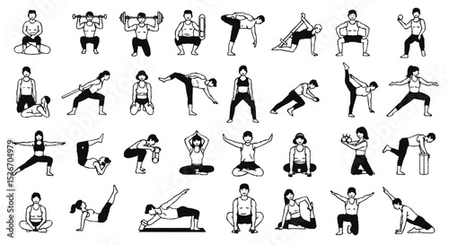 Diverse group of people performing various exercise and yoga poses.