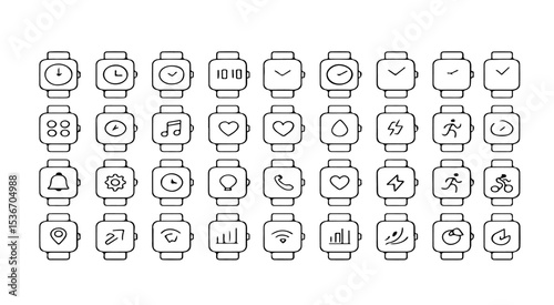 Array of smart watch icons displaying various functions and notifications in a grid pattern format