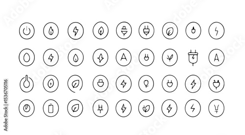 Assortment of hand drawn energy and power icons arranged in a grid pattern on white background