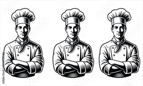 Three chefs in uniform with arms crossed