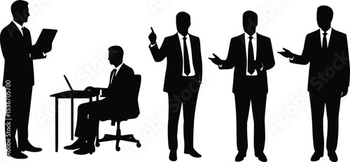 Silhouette illustration of five professionals communicating and collaborating in a business setting
