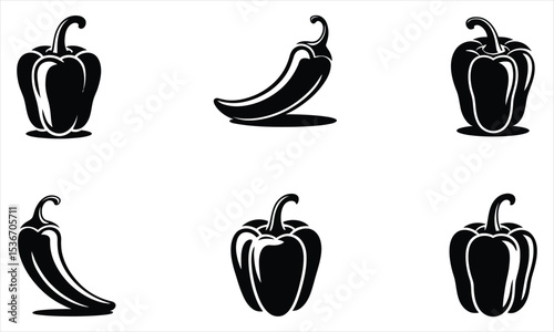 Collection of black and white pepper and chili silhouettes