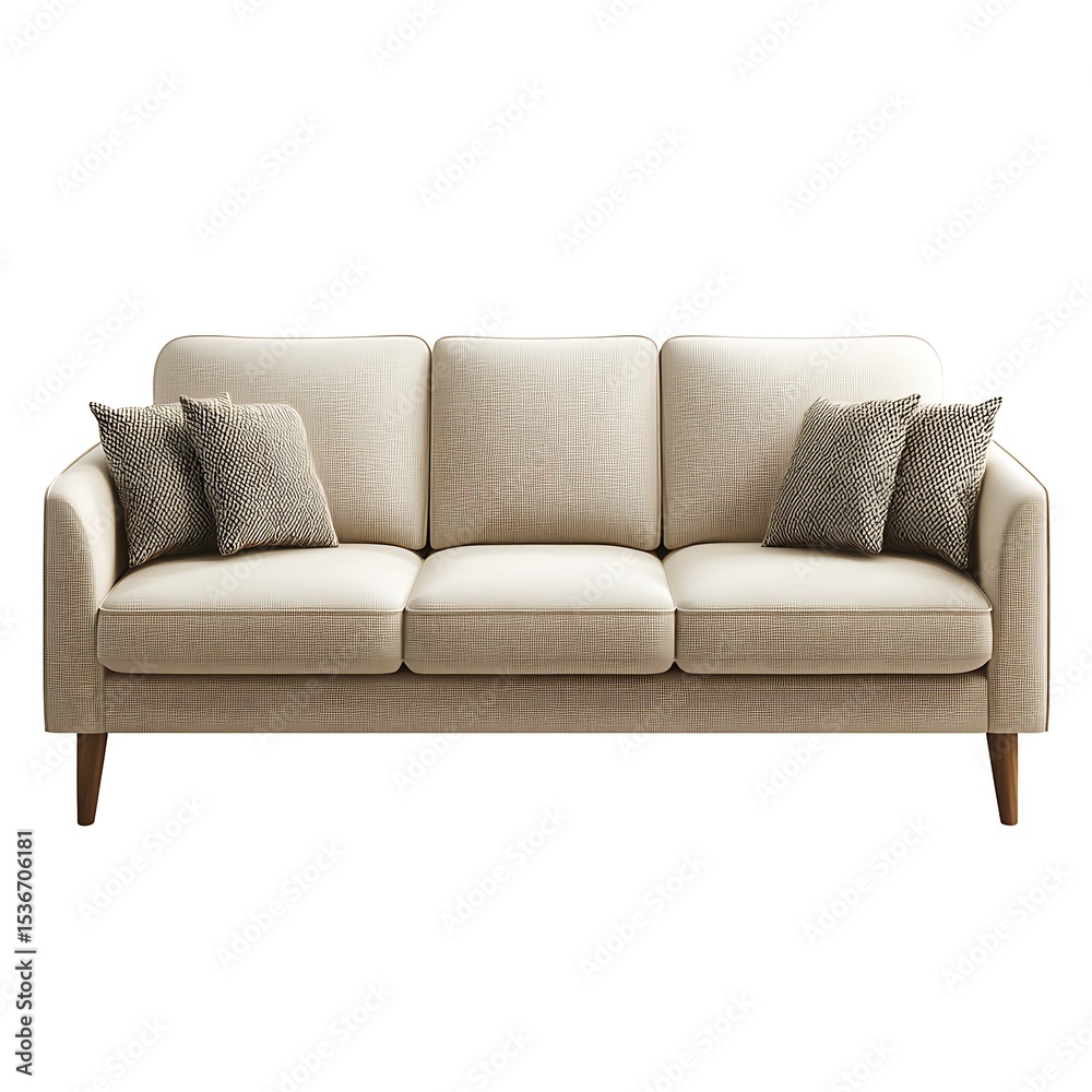 Fototapeta premium Beige Fabric Three-Seater Sofa with Pillows
