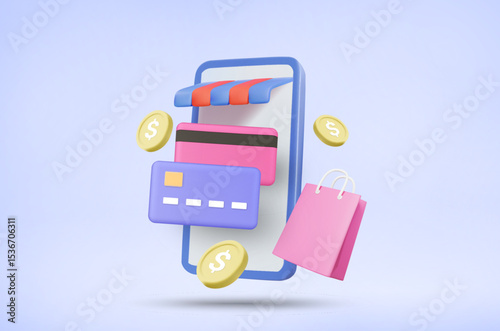3D Vector Illustration Render of Credit Card on Mobile Online Shop Screen, Shopping Bag and Floating Gold Dollar Coins, Shopping and Buying Concept, Fast Digital Payment, Ecommerce App.