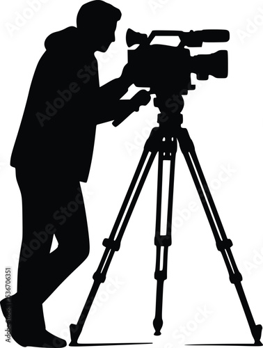 Silhouette illustration of videographer adjusting camera on tripod, capturing scene with precision and focus

