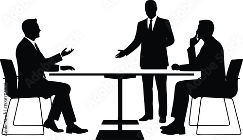 Silhouette illustration of business meeting with two seated individuals and one standing figure mediating discussion

