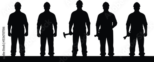 Silhouette illustration of five laborers standing in a row with tools, symbolizing teamwork and skilled work