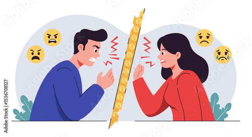 Angry couple arguing with dollar sign barrier in background