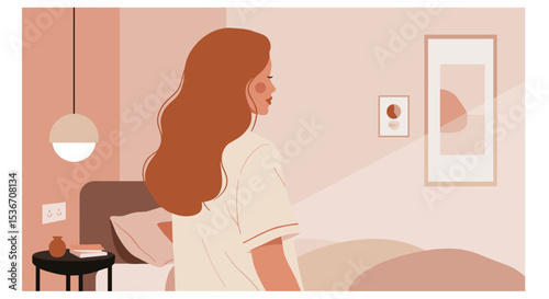 Woman in casual attire looking contemplative in a modern bedroom