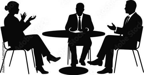 Silhouette illustration of three formally dressed individuals engaged in a collaborative business meeting at a round table

