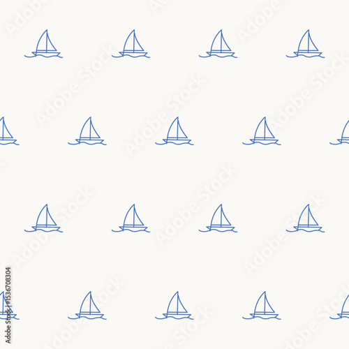 Seamless Boat Ship Textile Print Pattern. Mediterranean Atmosphere. Travel Vacation Rest Theme. Summer Resort Fabric Swatch Doodle Line Art Hand Crafted Decoration. Simple Sketch Outline Drawing.