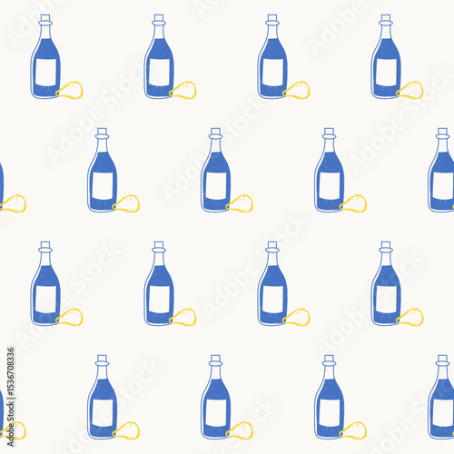 Seamless Wine Bottle Textile Print Pattern. Mediterranean Atmosphere. Travel Vacation Rest Theme. Summer Resort Fabric Swatch Doodle Line Art 
 Hand Crafted Decoration. Simple Sketch Outline Drawing.