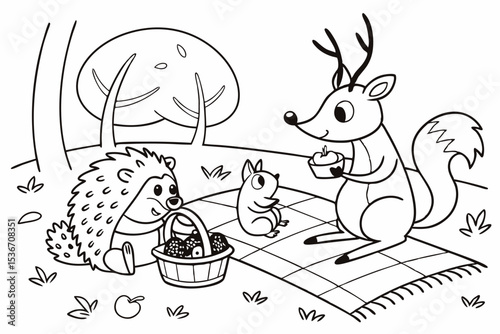 coloring book page of a forest animal picnic, with a squirrel, a hedgehog, and a deer sitting on a blanket, surrounded by simple food like apples and berries, bold outlines, fun and simple for kids
