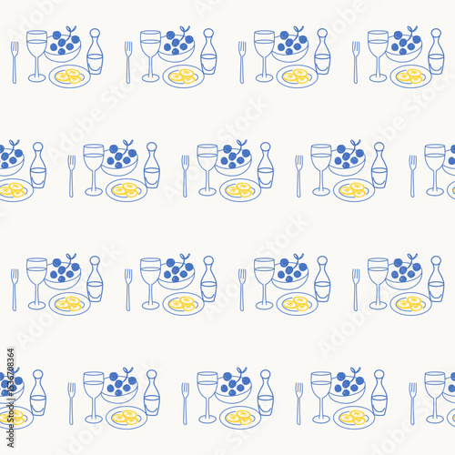 Seamless Mediterranean Food Textile Print Pattern. Travel Vacation Rest Theme. Summer Resort Fabric Swatch Doodle Line Hand Crafted Decoration. Simple Line Art Sketch Outline Drawing.
