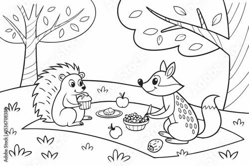 coloring book page of a forest animal picnic, with a squirrel, a hedgehog, and a deer sitting on a blanket, surrounded by simple food like apples and berries, bold outlines, fun and simple for kids