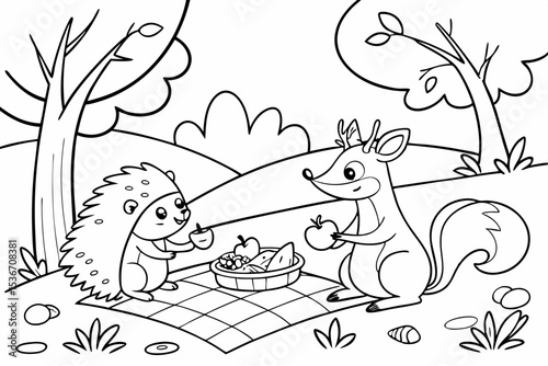 coloring book page of a forest animal picnic, with a squirrel, a hedgehog, and a deer sitting on a blanket, surrounded by simple food like apples and berries, bold outlines, fun and simple for kids