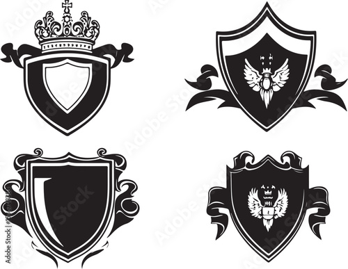 Crowned Shield and Lion Emblems Black and White

