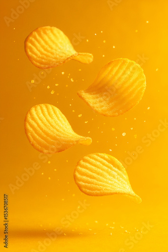 Flying Potato Chips with Sea Salt on Yellow Background – Dynamic Snack Advertising Image